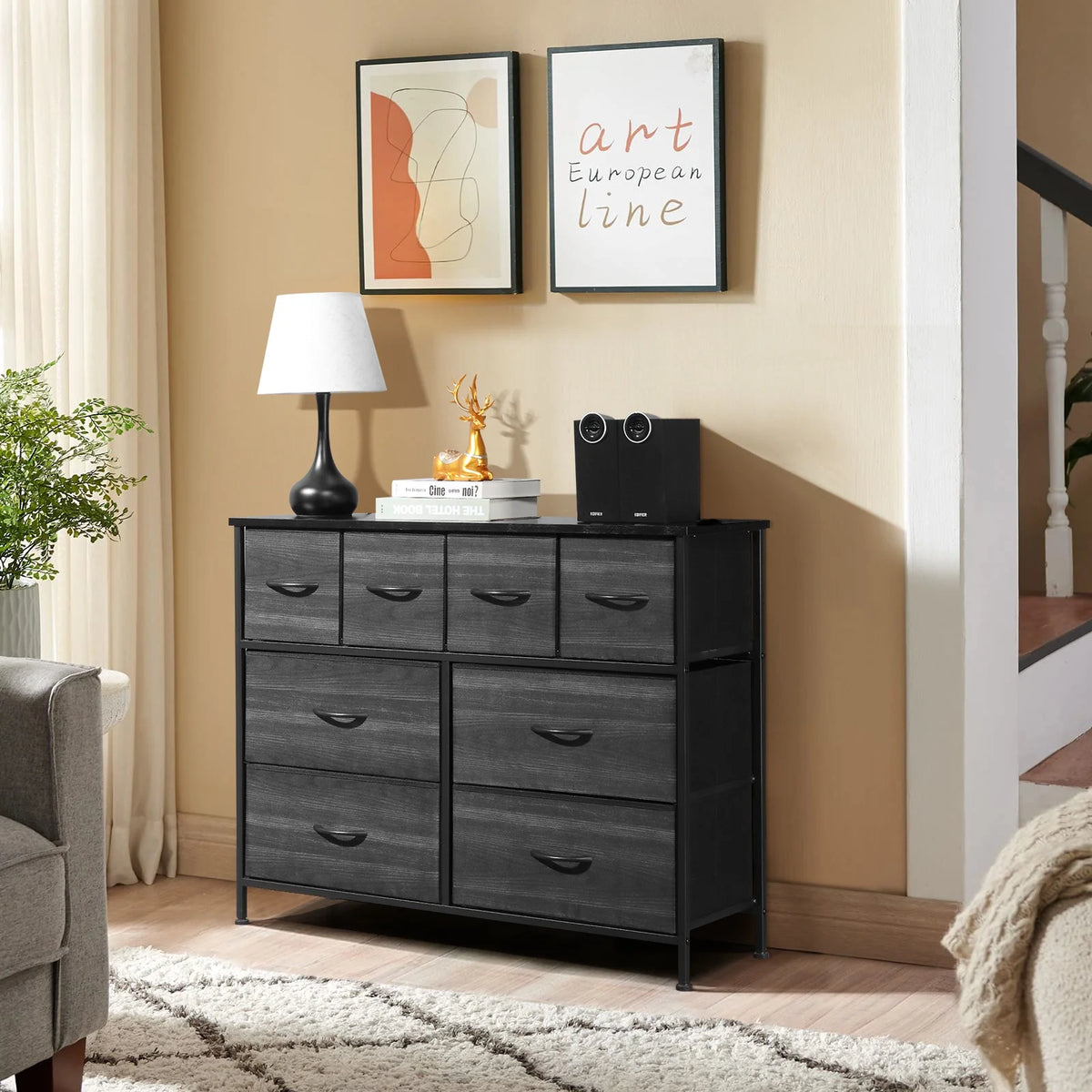 Sesslife 8 Drawer Dresser, Fabric Storage Drawers with Wood Top and Metal Frame, Modern Wide Chest of Drawers for Bedroom, Living Room, Closets, Black