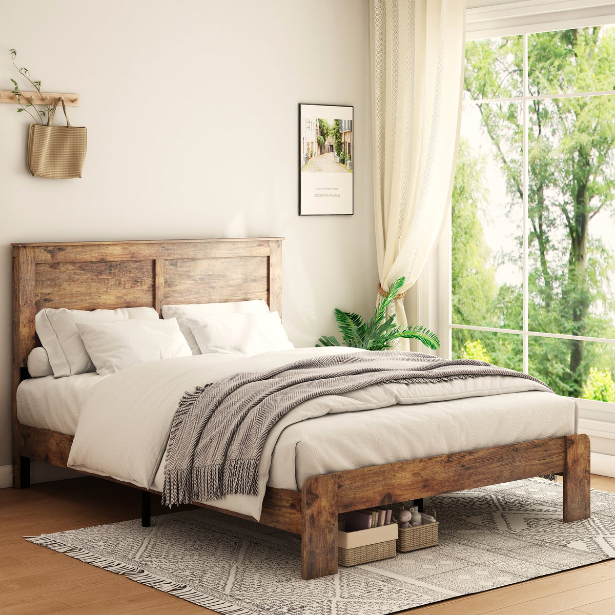 PAPROOS Queen Size Wood Bed Frame, Heavy Duty Wood Platform Bed with Headboard and Strong Wooden Slats, Rustic Queen Bed Frame for Teens Adults, No Box Spring Needed, Dark Brown