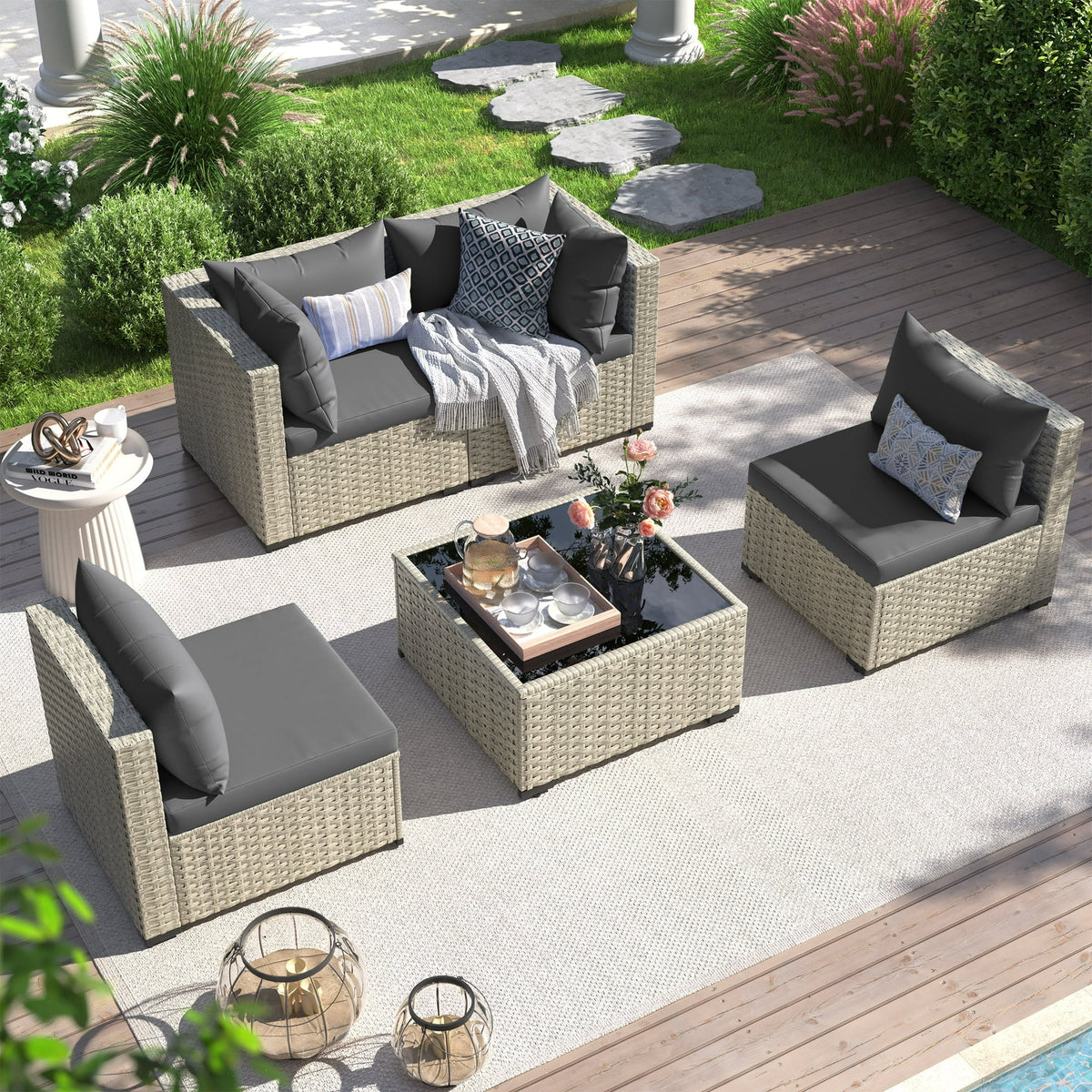 UDPATIO Outdoor Patio Furniture Set, Outdoor Wicker Patio Conversation Set with Cushions for Backyard, Porch, Garden