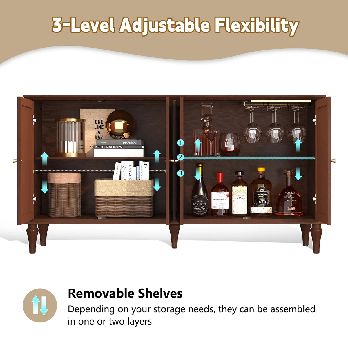 CBJCBJ Mid Century 58'' Wood 4 Door Sideboard Buffet Cabinet for Living Dining & Bedroom (Brown)