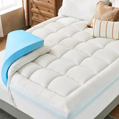 Inhand Queen Size Dual Layer 4" Memory Foam Mattress Topper, 2" Gel Memory Foam and 2" White Cooling Pillow Top Mattress Pad Cover for Back Pain