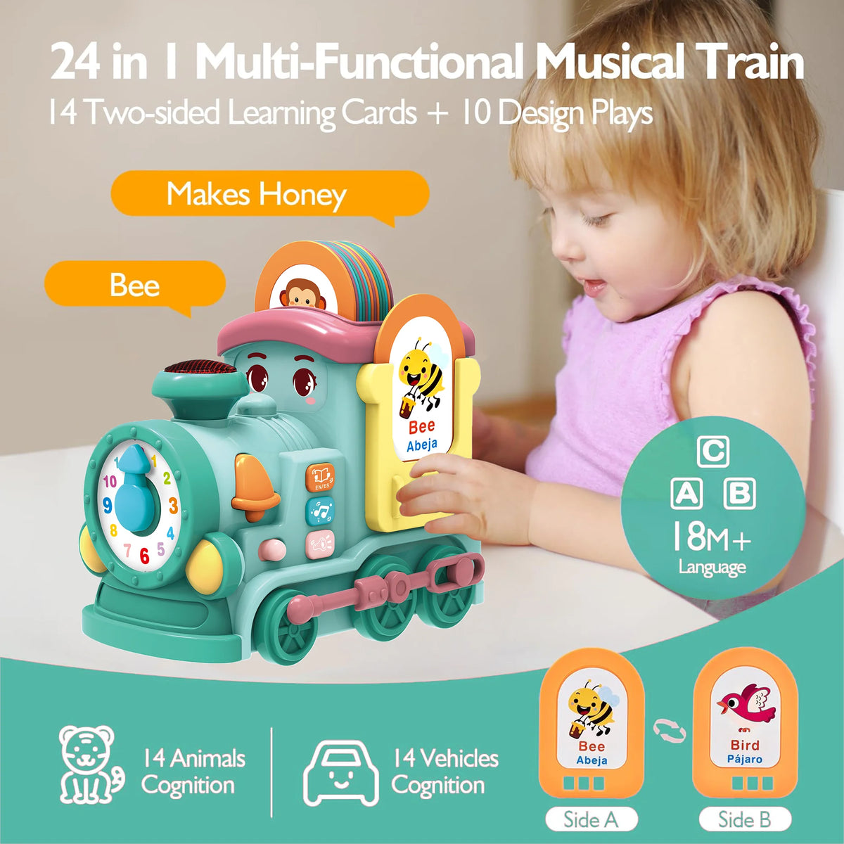 Richgv Musical Train Toy with Talking Flash Cards, Montessori Toys for 1 Year Boys Girls Gift, Crawling Toddler Toys Learning Toys with Music Sound