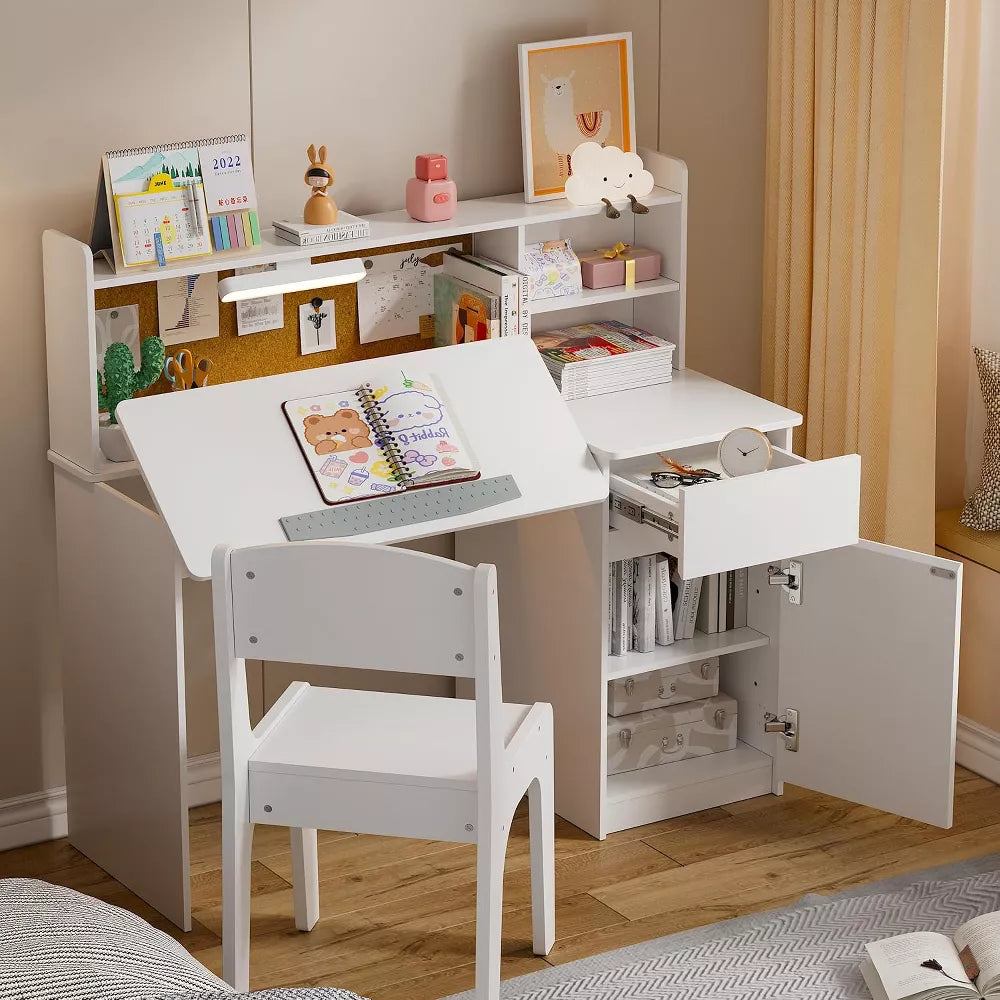 PAKASEPT 43" Kids Desk and Chair Set, Wooden Study Desk with Hutch, Storage Cabinet, LED lights, Tiltable Desktop, Writing Desk