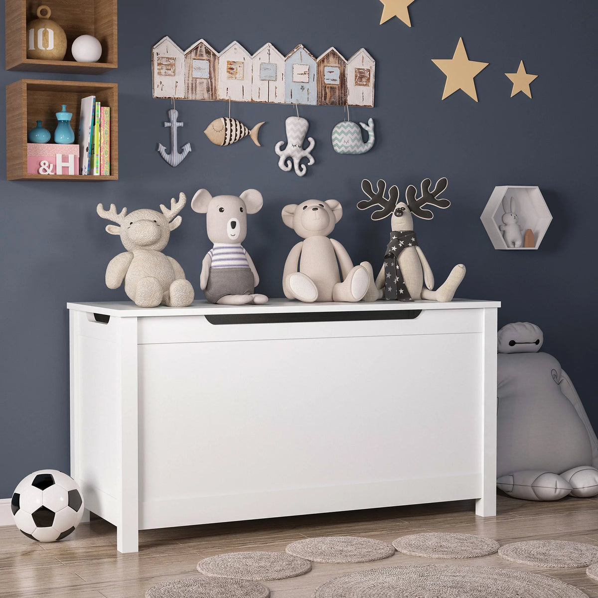 Seizeen Kids Toy Box, White Wooden Toy Chest Organizer with Safety Hinged Lid, Entryway Storage Bench Supports 100 lbs, Toy Storage Chest for Bedroom, Toddler Room, L0290