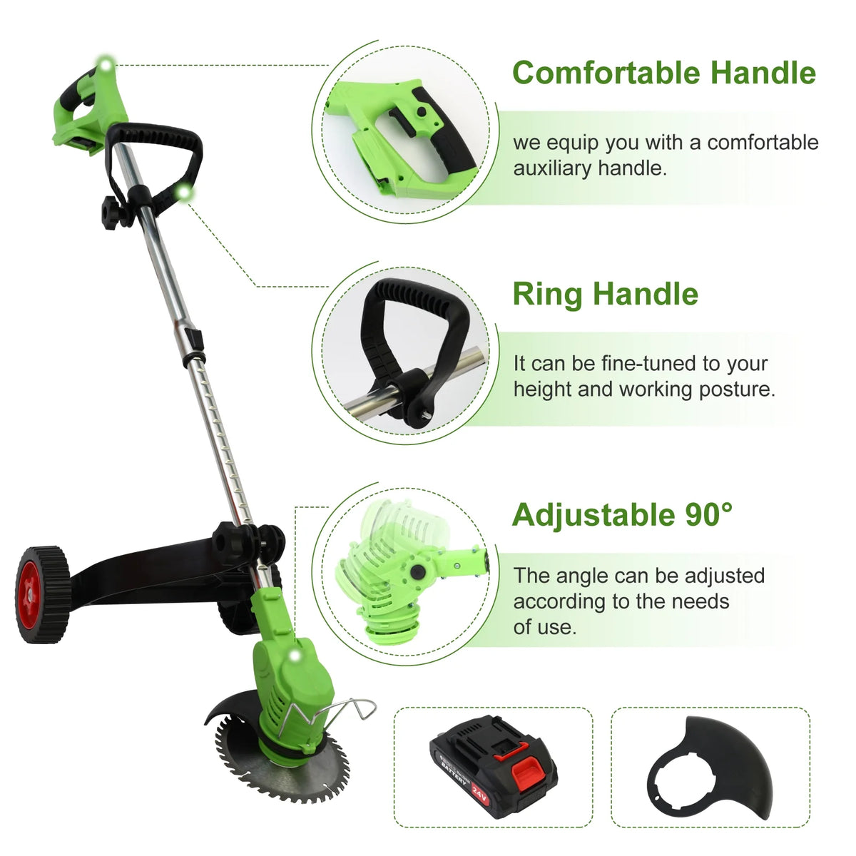 BAOKALER Electric Weed Eaters Cordless, Battery Powered Weed Wacker with Charger, Grass Trimmer with Supporting Wheels, Grass Cutting Machine with 1 Batteriy for Yard and Garden, Green