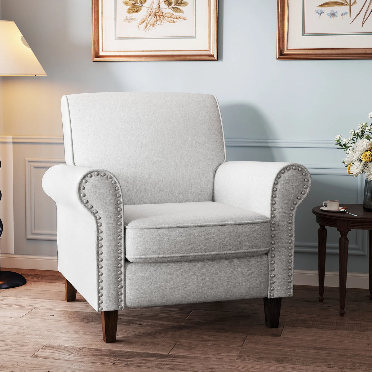 TrumanPick Linen Accent Chairs Upholstered Armchair with Nail-Head Trim Cozy Arm Chair for Living Room Bedroom,Gray