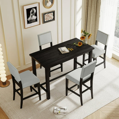 EUROCO 52" 5 Piece Longer Dining Set Kitchen Table Set Counter Height Table Set with One Rectangle Table and 4 Cushioned Chairs for 4 Persons Dining Room Table Set for Small Place