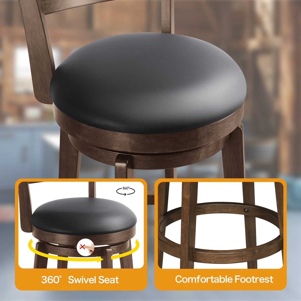 ConzyFancy Set of 2 Swivel Counter Height Barstool 26 Inch Seat Bar Stools Kitchen Bar Chairs for Dining Room Cappuccino