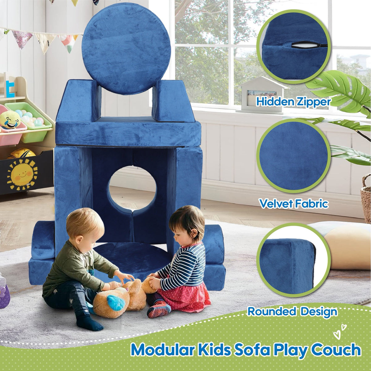 Sesslife 14 PCS Kids Sofa Couch, Foam Modular Kids Play Couch for Boys Girls, DIY Creativing Playroom Sofa, Modern Convertible Floor Sofa for Toddlers Room, Bedroom, Blue