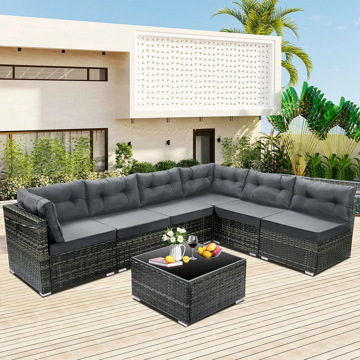 7 Piece Rattan Sectional Sofa Set, Outdoor Conversation Set, All-Weather Wicker Sectional Seating Group with Cushions & Coffee Table, Morden Furniture Couch Set for Patio Deck Garden Pool