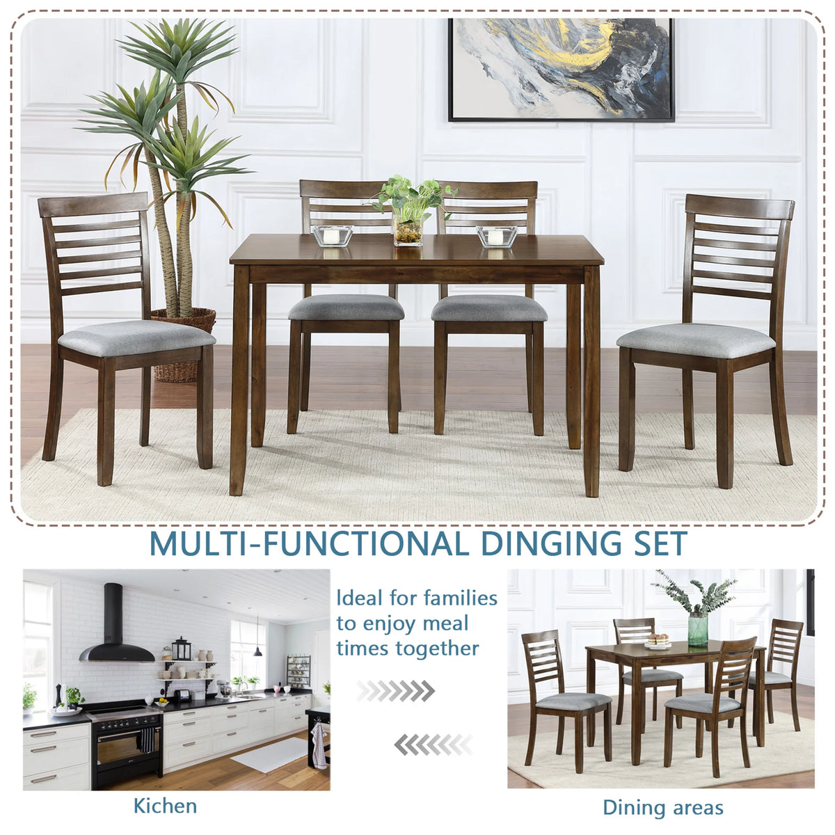 Sesslife 5 Piece Dining Set with One Rectangle Table and 4 Upholstered Chairs for 4 Persons, Dining Room Table Set for Small Place(Table+4 Chairs)