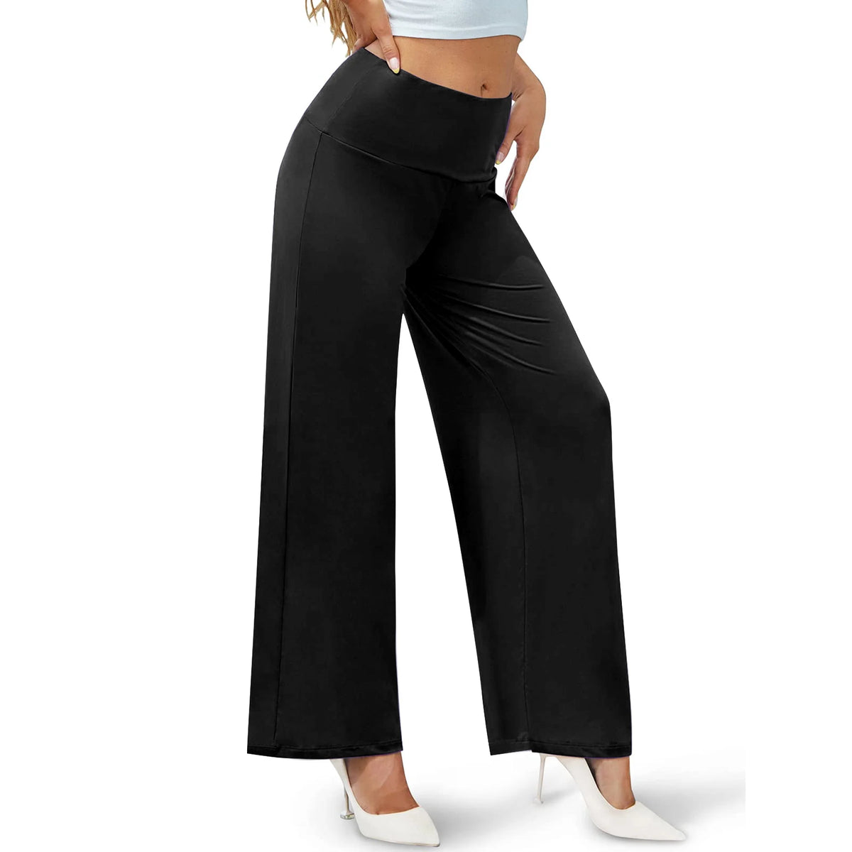 TEMOFON Womens High Waist Pants Casual Stretchy Wide Leg Palazzo Lounge Pants Comfy Loose Fit Dress Pants Black