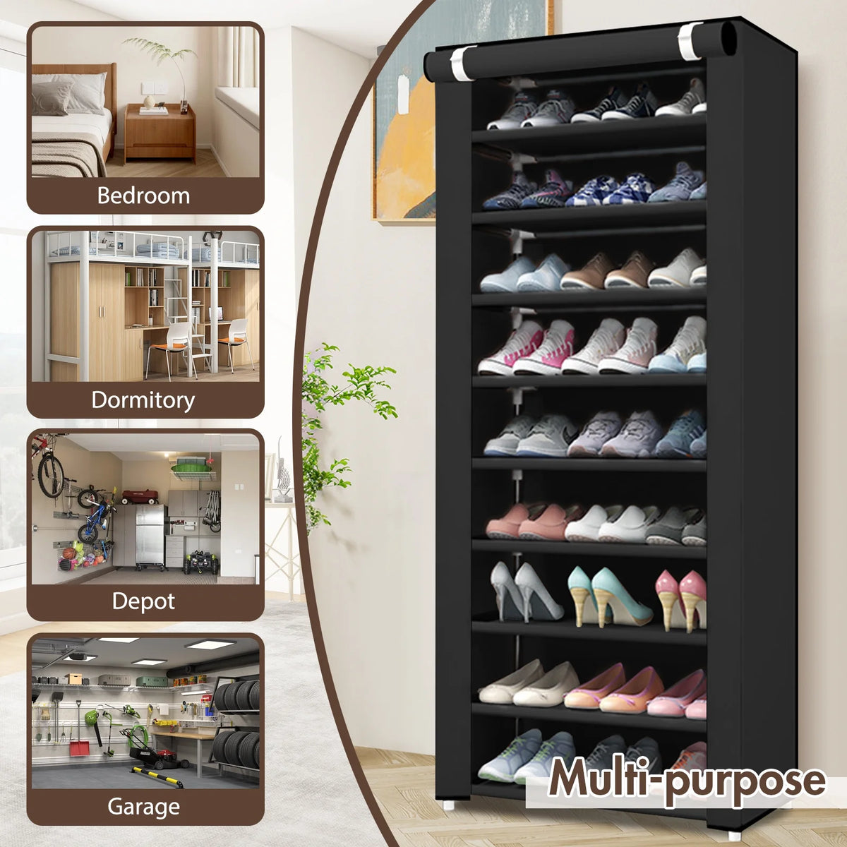 BAOKALER Portable Shoe Rack, 10-Tier 27 Paris Shoe Storage Cabinet with Cover, Non-Woven Fabric Shoe Storage Organizer 62.99*23.62*15.7 inch, Black