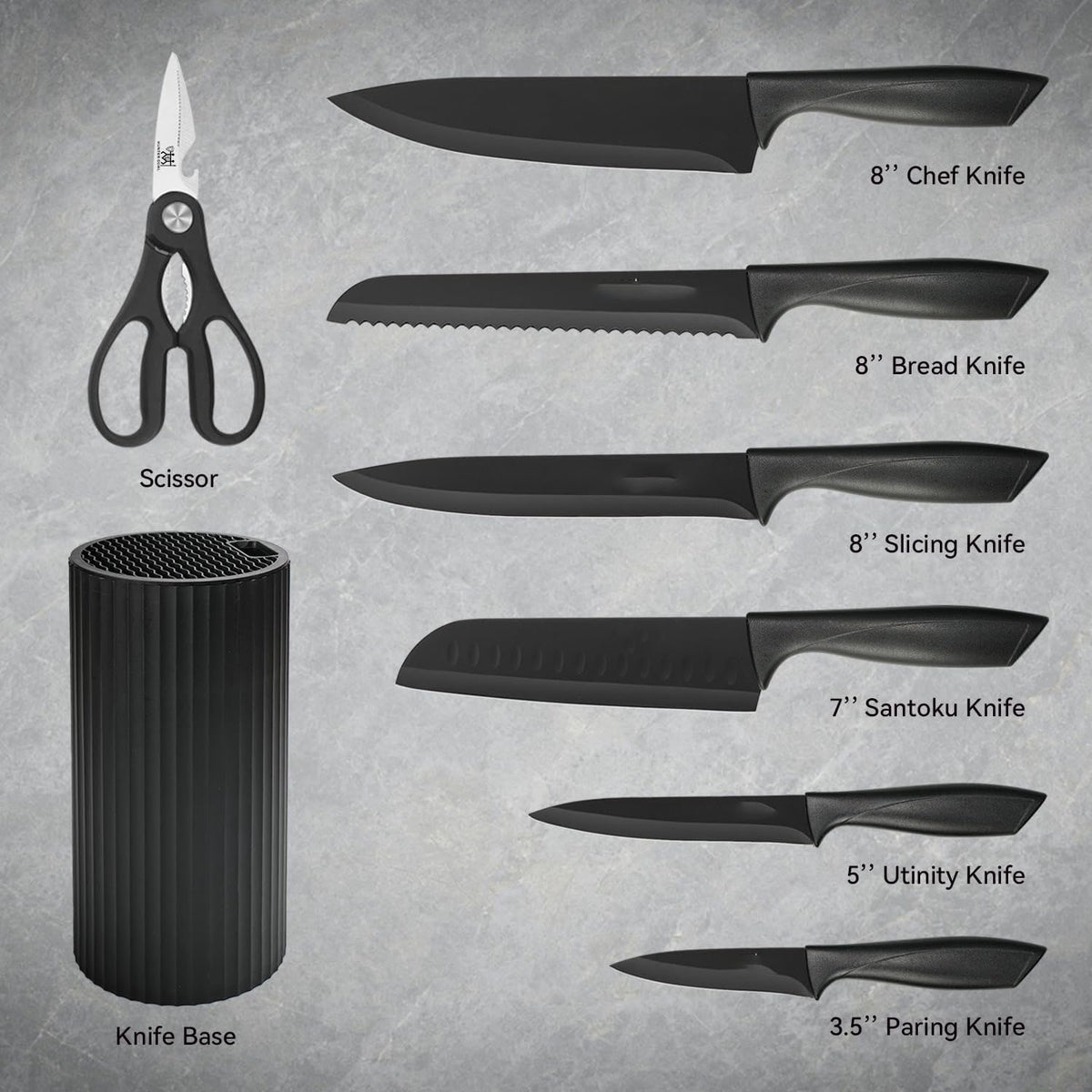 Knife Set, AOKIWO 8-Piece Kitchen Knife Set for Chef, Anti-Rust Non-stick Stainless Steel Sharp Chef Knife Set with Universal Knife Block, Ergonomical Design (Charcoal)