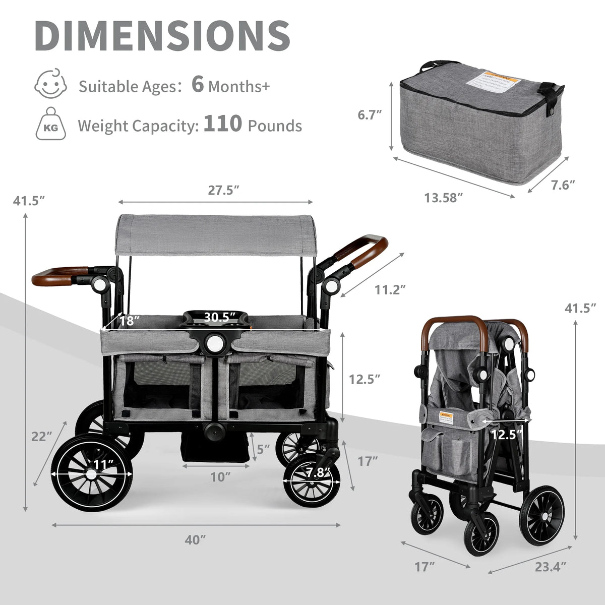 AILEEKISS Wagon Stroller for 2 Toddler 6 Months+, Collapsible Stroller Wagon with Canopy, Dark Grey