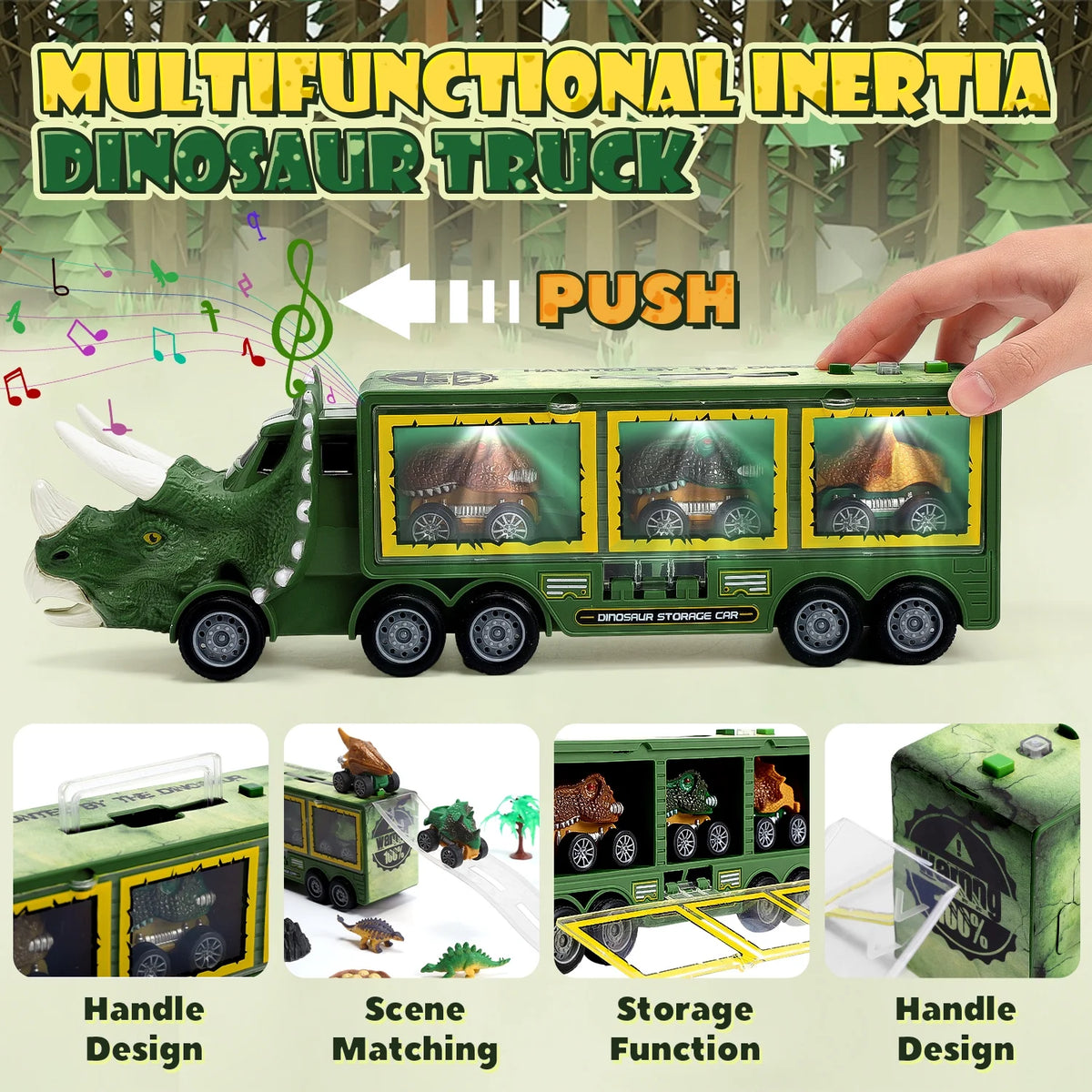 JoyStone 20 in 1 Dinosaur Toys with Light, Music & Roar Sound, Dino Toddler Toys Including Toy Truck, Pull Back Dinosaur Cars, Mini Dinosaur Figures & Slide, Christmas Gift, Green