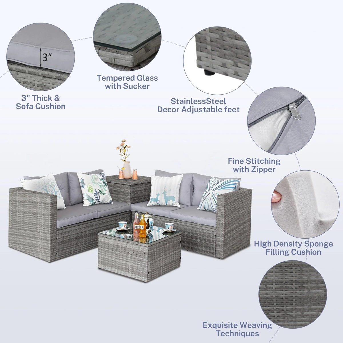 Segmart Wicker Patio Furniture Sets, 4PCS Outdoor Wicker Patio Sectional Sofa w/4 Padded Cushions, Tempered Glass Coffee Table, Armchair, Conversation Sets for Porch Backyard Garden, Gray