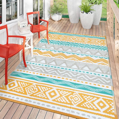 Lahome Waterproof Outdoor Reversible Boho Plastic Straw Mat for Patio,Balcony,Deck