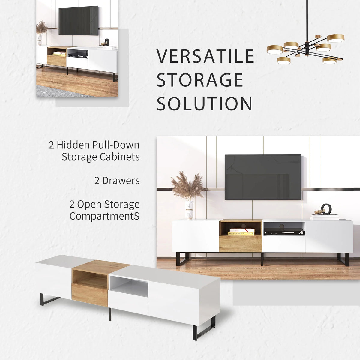 PORKISS TV Stand for 80 Inch TV, Modern Farmhouse TV Stand with 2 Cabinets and Open Storage Compartment, Home Entertainment Center, Wood+White