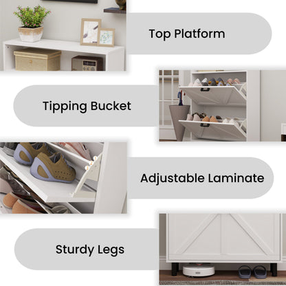 Farmhouse Shoe Cabinet Storage with Barn Door Design, Shoe Organizer with 2 Flip Drawers, Freestanding Narrow Shoe Rack Cabinet with Hooks for Entryway,Foyer,Hallway(Antique White)