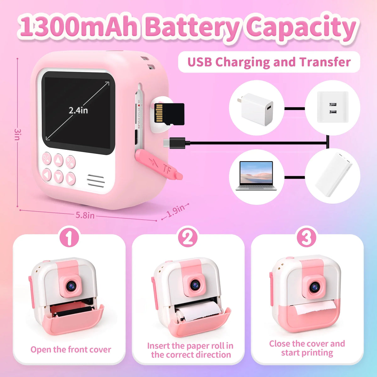 JoyStone Kids Camera Instant Print, Kids Digital Camera with Printing Paper and 32G TF Card, Gift for Girls and Boys Aged 3-12, Pink