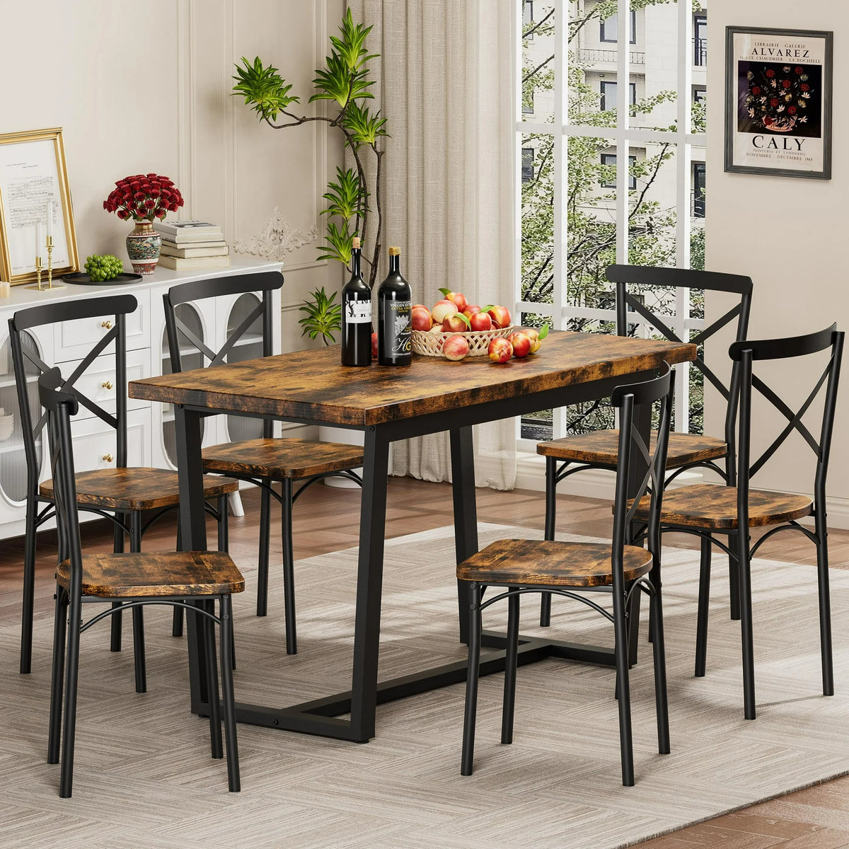 SESSLIFE 7 Pieces Dining Table Set, Modern Kitchen Wood Table and 6 Chairs for Breakfast Small Spaces, Brown