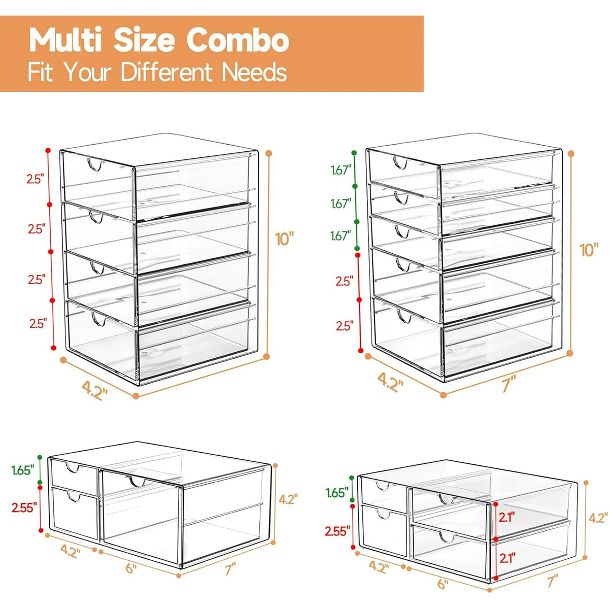 Makeup Drawer Storage Organizer with 16 Drawers, 4 Set Acrylic Office Desk Organization and Storage, Dustproof Drawer Organizer for Office, Countertop, Bathroom, Bedroom