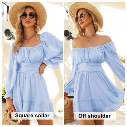 EXLURA Women's 2025 Casual Long Lantern Sleeve Dresses Square Neck Ruffle Tie Back Elastic Waist Aline Short Mini Dress