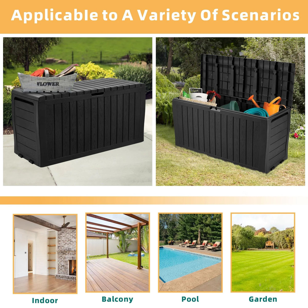 Seizeen 75 GAL Resin Deck Box Clearance on Wheels, Patio Large Storage Cabinet, Outdoor Waterproof Storage Chest, Storage Container for Outside Furniture Cushions, Garden Tools, Black, D7226