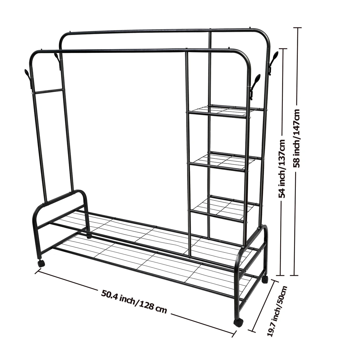 ALSO GO 3-In-1 Double Rod Clothes Rack with 4-Shelf, Metal Clothing Rack with Wheels & 4 Hooks, Portable Heavy Duty Garment Rack with Double Bottom Shelves, Freestanding Organizer for Bedroom, Black