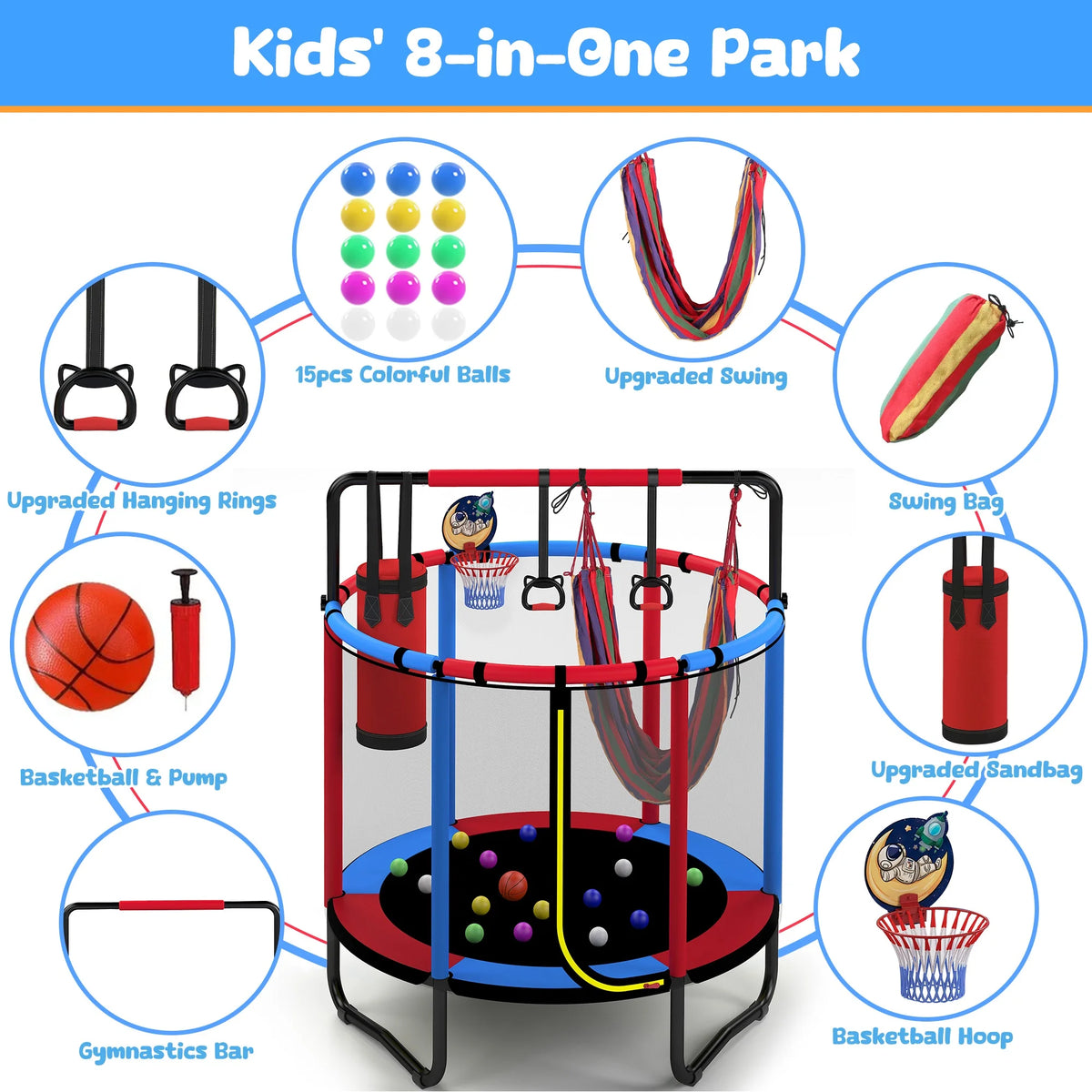 Mini Round Trampoline for Kids with Basketball Hoop, SEGMART 55'' Indoor Outdoor Toddler Trampoline with Enclosure Net, Swing, Sandbag, Ring, Ocean Balls, Small Trampoline Gift for Boys Girls, Blue