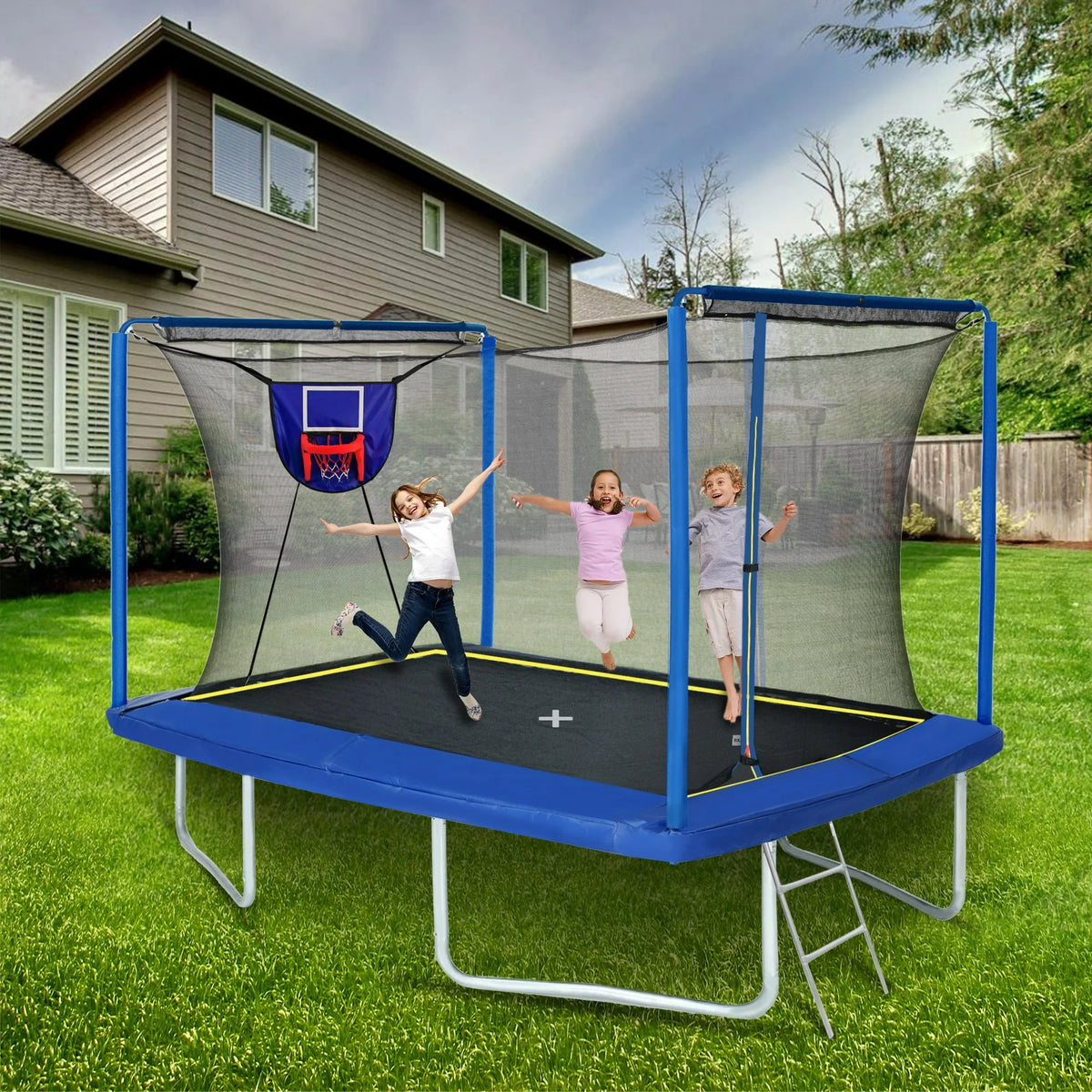 Outdoor Trampoline with Basketball Hoop, SEGMART Large Rectangle Trampoline with Net For Kids and Adults, Heavy-Duty Backyard Trampolines, Recreational Trampolines with Basketball Ball, Blue