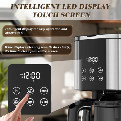 Auseo Drip Coffee Maker with Glass Carafe, 10-Cups Programmable, 2 Coffee Strength Options, Time Control, Warming Function for Home