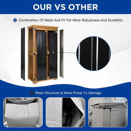 PETSCOSSET Outdoor Storage Cabinet Wood & Metal, Tall Tool Shed with Weatherproof, Double Lockable Doors, Removable 3 Shelves, Adjustable Feet for Patio, Garden, Backyard, Lawn