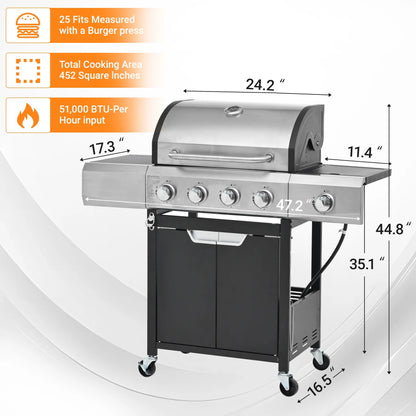SEGMART 4 Burner Propane Gas Grill with Side Burner, 51,000 BTU Outdoor Cooking BBQ Grill with Porcelain-Enameled Cast Iron Grates, Equipped with Waterproof Cover, Tool Hooks, and Bottle Opener