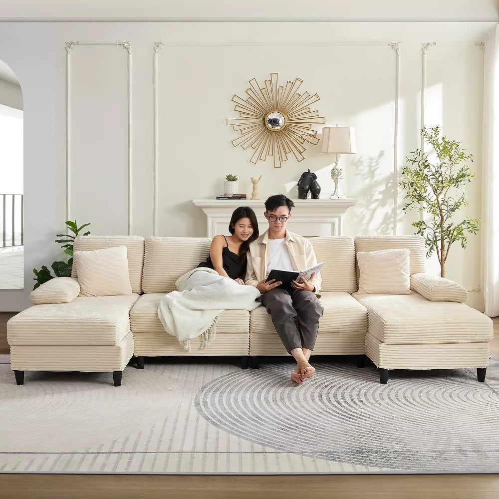 Mjkone Modern Linen 107" Convertible L-shaped Couch, Oversized Sectional Sofa, 5 Seat Corner Sofa Couch With Carbon Steel Legs