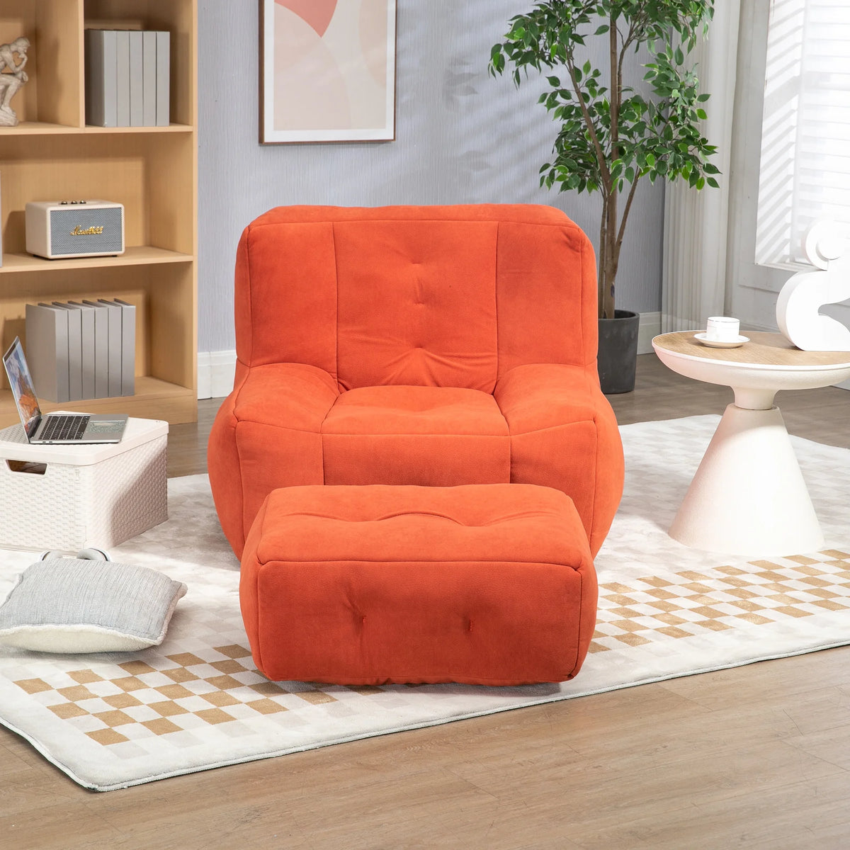 PORKISS Oversize Bean Bag Chairs with Ottoman, Memory Foam Soft Lazy Sofa for Adults and Kids, Velvet Red