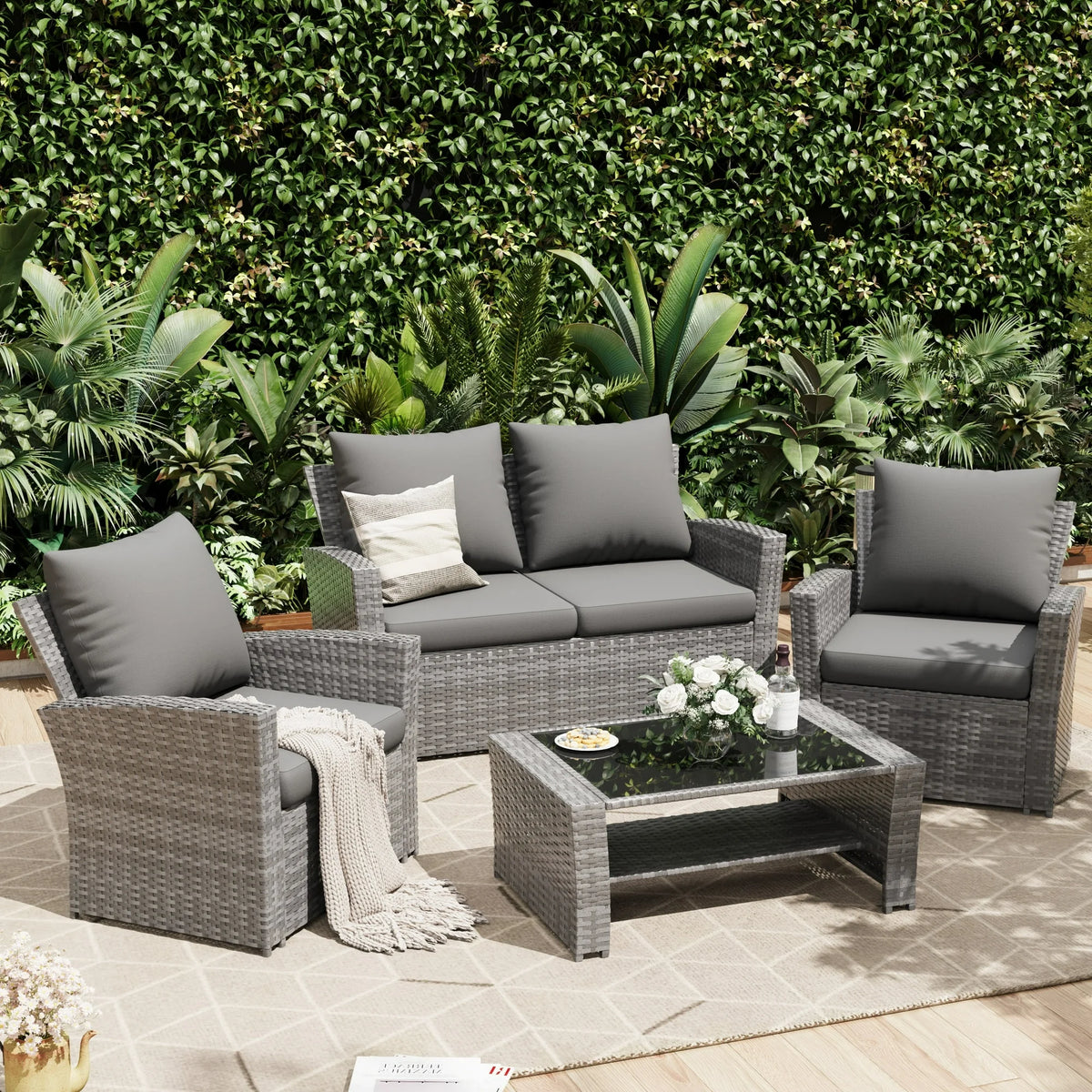 UDPATIO Wicker Patio Furniture Set, 4 Piece Outdoor Sectional Conversation Sets, Gray PE Rattan Patio Sofa Set for Balcony, Porch, Backyard, Grey