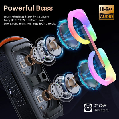 FanFun Large Party Speaker, Deep Bass Portable Bluetooth Speaker with DJ Light, Wireless Outdoor Speaker for Party, Stereo Sound PA System, TF/SD Card, AUX-in, USB Input