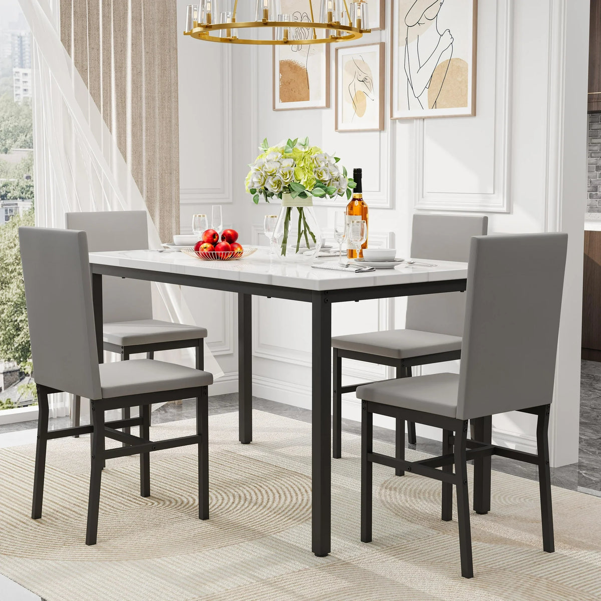 PAPROOS Dining Table Set for 4, Modern 5-Piece Kitchen Table Set with Faux Marble Top and Velvet Upholstery Chairs, Heavy Duty Dinette Sets for Breakfast Nook, Dining Room Table and Chairs, Gray