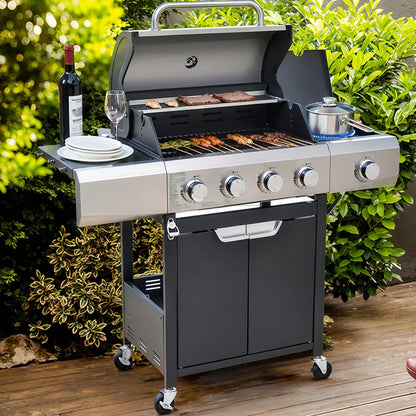 4-Burner Propane Grill Griddle Combo, 51,000BTU Gas Grill w/Side Burner for Outdoor BBQ Camping, Stainless Steel Portable Grills Outdoor Cooking W/Enameled Cast Iron Griddle