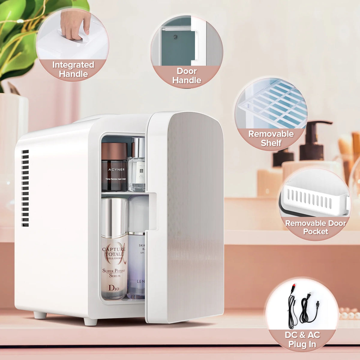 Auseo Mini Fridge Cooler Personal, Countertop, Holds up to 4L/6 Cans, Front Door Stainless Steel, 12v AC/DC, Option for Skincare, Makeup, Drinks, Elegant White