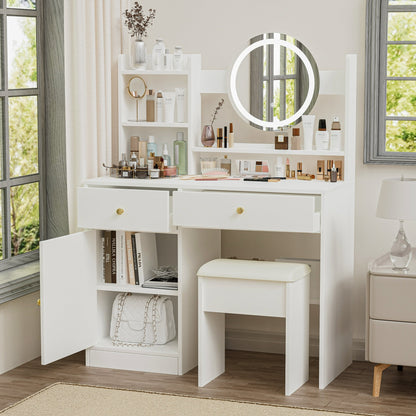 PORKISS Makeup Vanity, Wood Vanity Table Set with Mirror and Stool, 3 Lighting Modes Adjustable, Modern Vanity Desk with Cabinet, Drawers, Storage Dressers for Bedroom, White