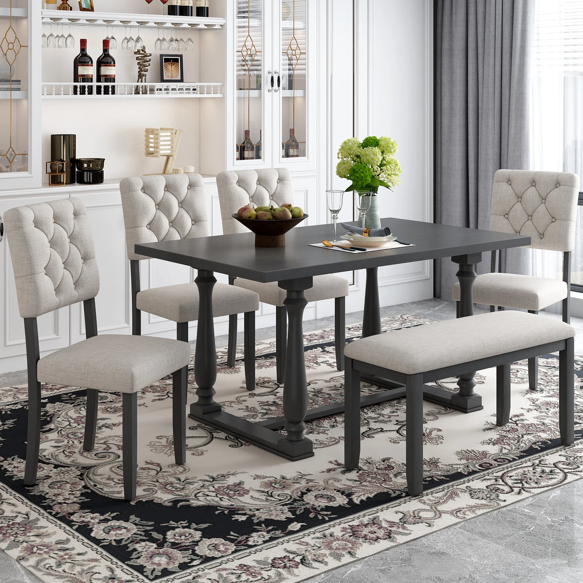 EUROCO 6-Piece Dining Table and Chair Set with Special-shaped Legs and Foam-covered Seat Backs&Cushions for Dining Room