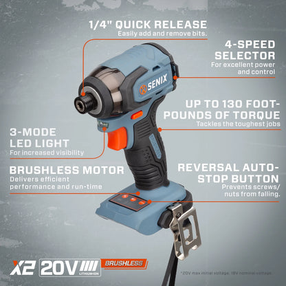SENIX 20 Volt Max* 1/4-Inch Impact Driver, Brushless Motor, 130 Foot-Pound of Max Torque, 3000 RPM (Battery, Charger and Soft Bag Included) PDIX2-M2