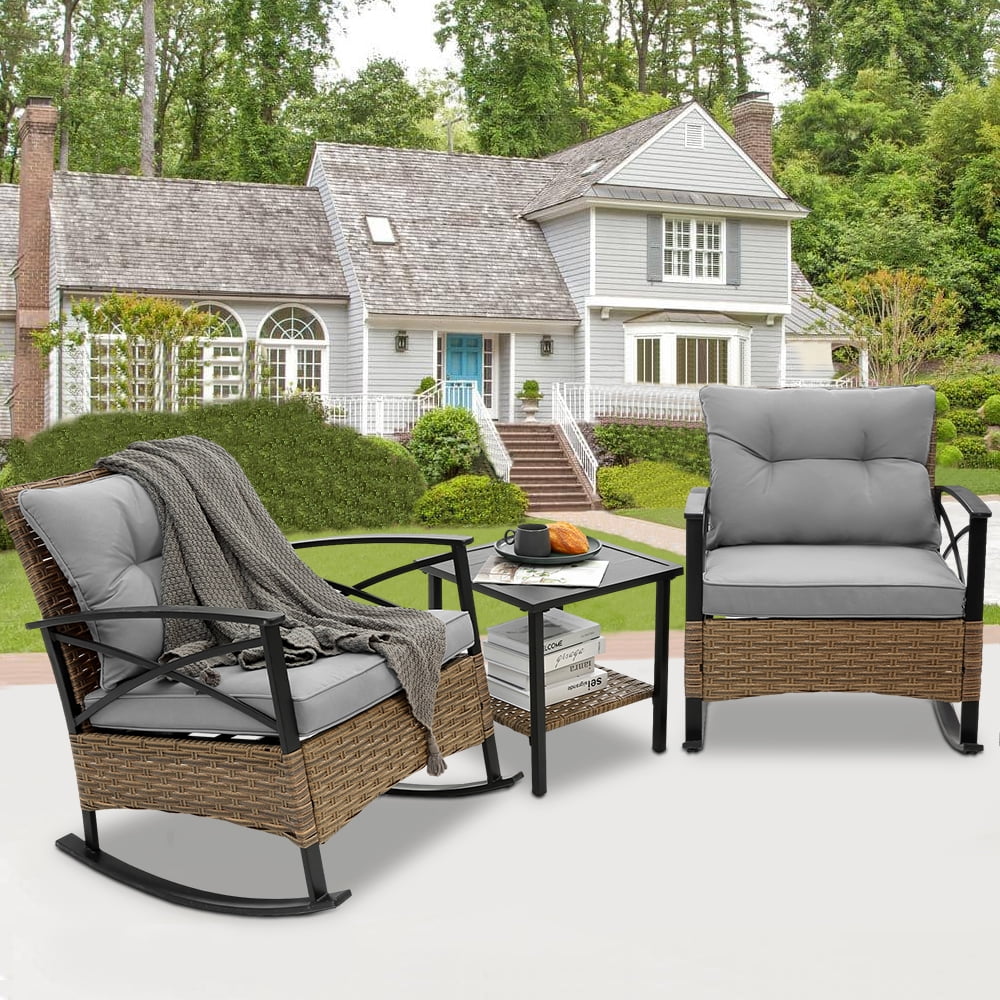 3 PCS Rocking Bistro Set, Outdoor Patio Porch Furniture Sectional Chairs with Tea Table, PE Rattan Patio Furniture Conversation Set for Lawn Pool Courtyard Garden Balcony