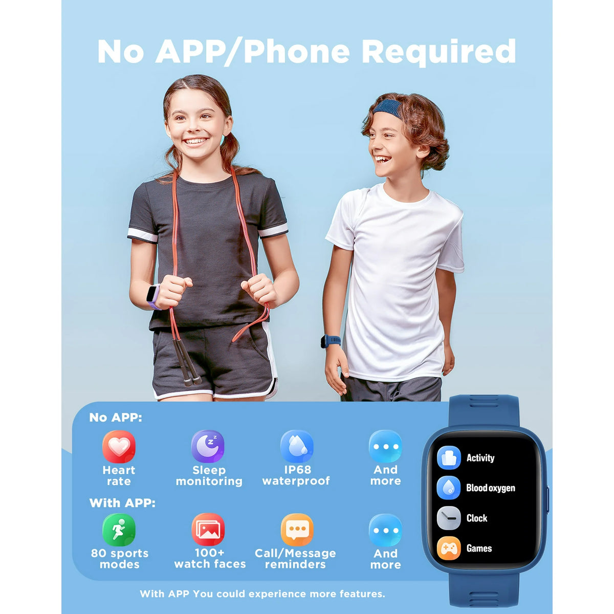 BIGGERFIVE Smart Watch for Kids, 1.8" Fitness Tracker Watch Pedometer, IP68 Waterproof, Sleep Monitor, Calorie Step Counter, 5 Puzzle Games with/Without APP for Girls Teens 5-16