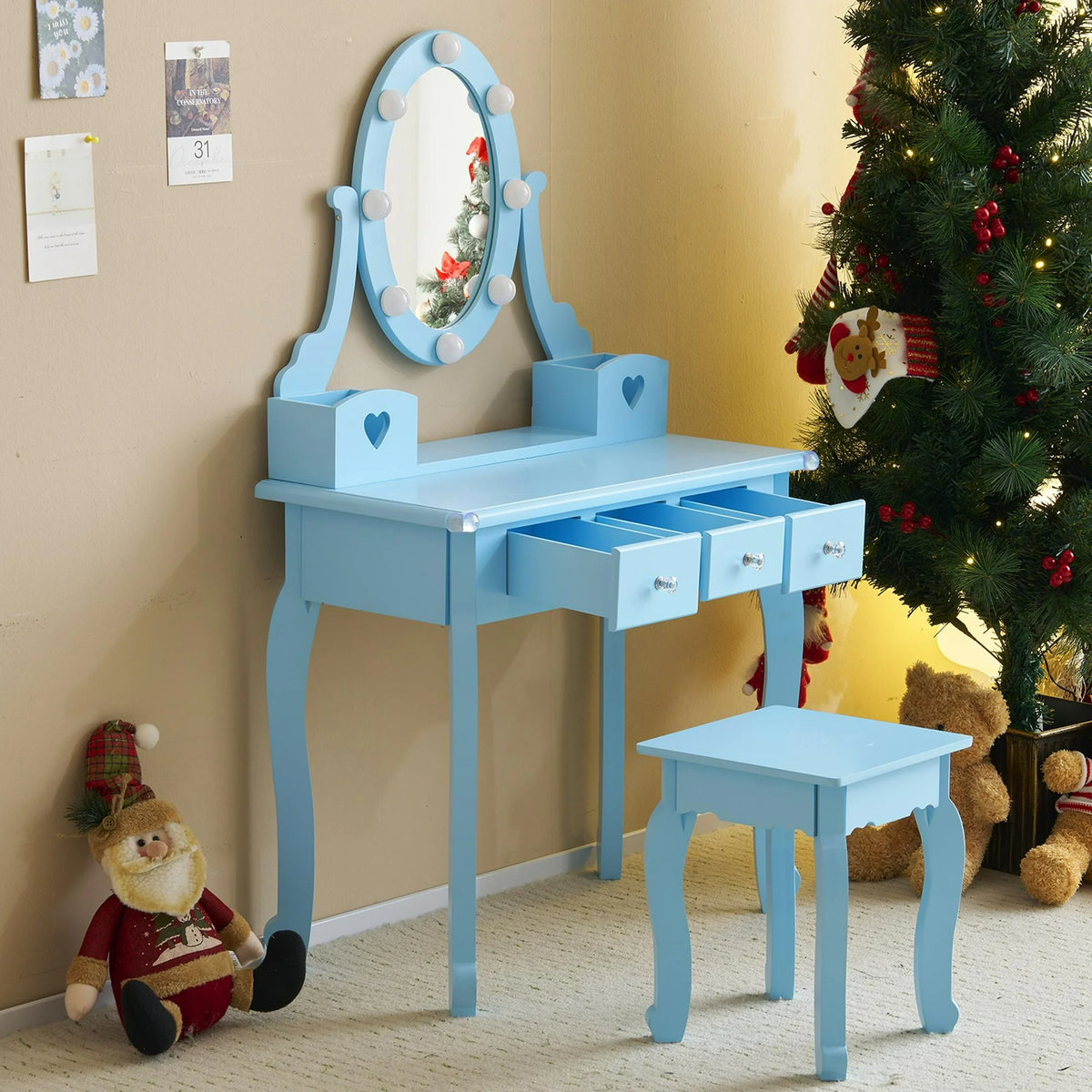Sesslife Kids Vanity Set with Mirror Lights and Drawers, Wooden Princess Makeup Desk Set, Toddler Dressing Table Set, Pretend Play Kids Vanity Table and Chair Set for Little Girls aged 3+, Blue