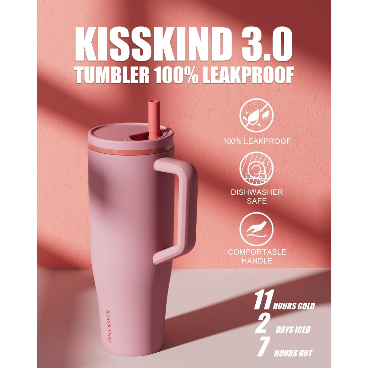 KISSKIND 40 oz Tumbler with Handle and Straw Lid, 100% Leakproof Stainless Steel Vacuum Insulated Cup Travel Coffee Mug Water Bottle, Car Cup Holder Friendly, Rubber Base, Gifts for Women Men (Pink)