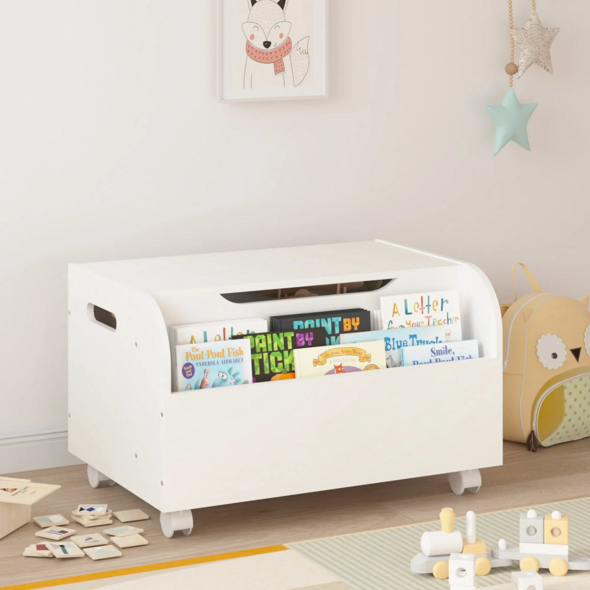 PORKISS Toy Box for Boys Girls, Wooden Kids Toy Storage Organizer with Front Bookshelf, Flip-Top Lid, Safety Hinge, Modern Toy Chest Bench with 4 Wheels for Playroom, Bedroom, White